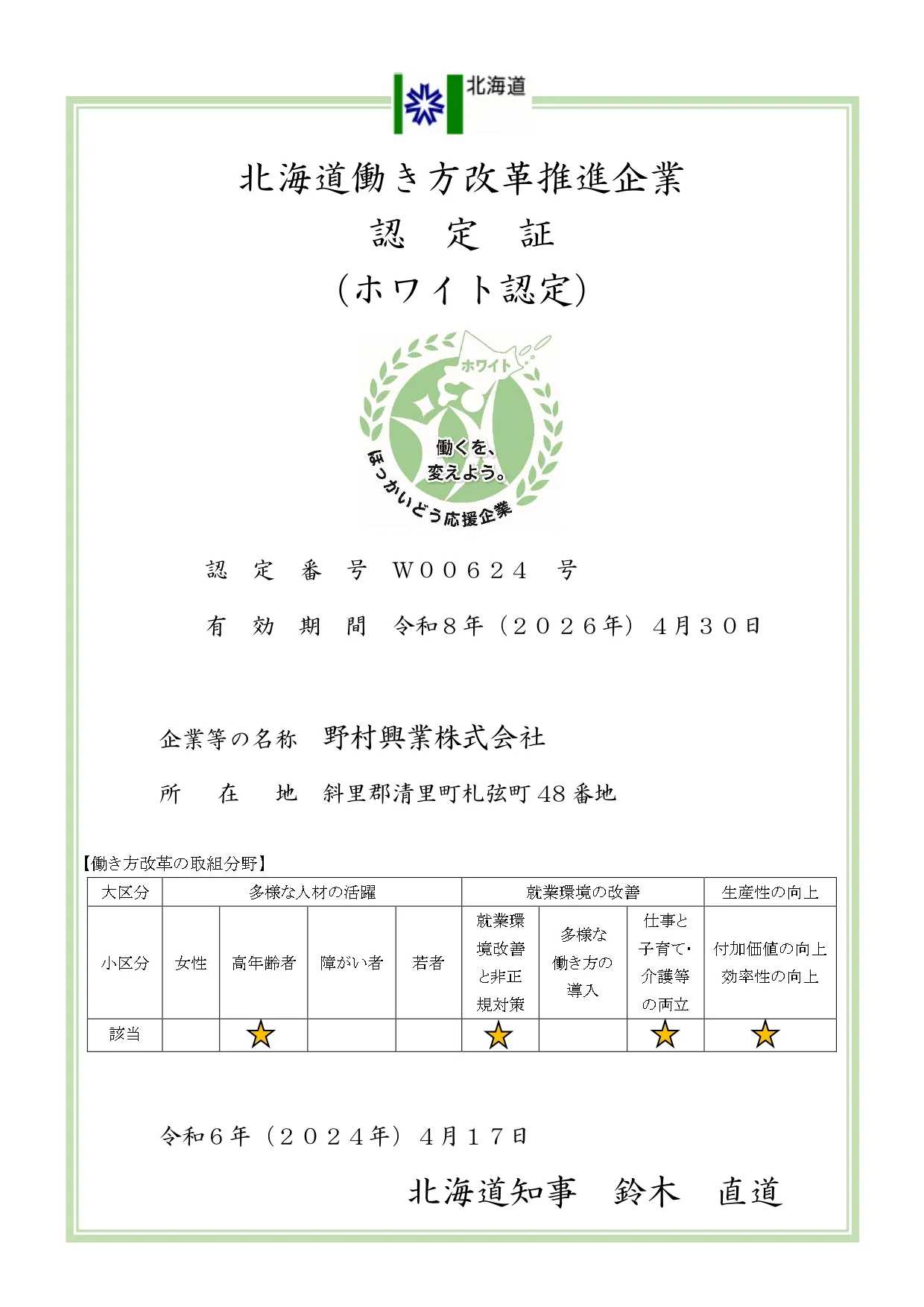 北海道働き方改革推進企業（ホワイト認定）